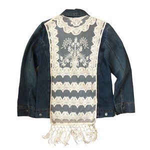 Adolfo M Denim Jean Jacket with White Lace and Knit Fringe w- Zipper